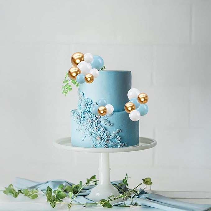 Gyufise 30Pcs Ball Cake Topper Ball Cake Picks Colorful Pearl Ball Shaped Cupcake Insert Cake Topper for Bear Theme Birthday Party Favors Wedding Decoration Supplies Blue White Gold