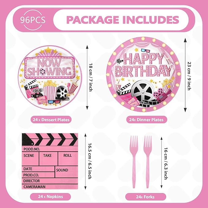 Grencian 96Pcs Movie Night Party Decorations Pink Movie Plates and Napkins Disposable Camera Popcorn Theater Paper Tableware for Girls Film Festival Birthday Film Theme Party Supplies, Serves 24