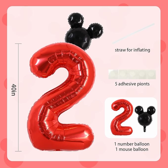 Vuzvuv 40 Inch Mouse Number Balloon No.2, Black Mouse Head Balloon and Red Giant Giant Number Two Balloon for Birthday, Mouse Theme Party Supplies, Baby Shower,Anniversary Decoration