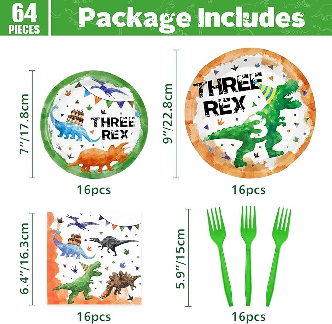 WERNNSAI Three Rex Birthday Decorations - 64PCS Dinosaur Plates Napkins and Forks Dinosaur 3rd Party Decorations 3 Rex Plates and Napkins for Kids Boys 3 year old Birthday Decor Serves 16 Guests