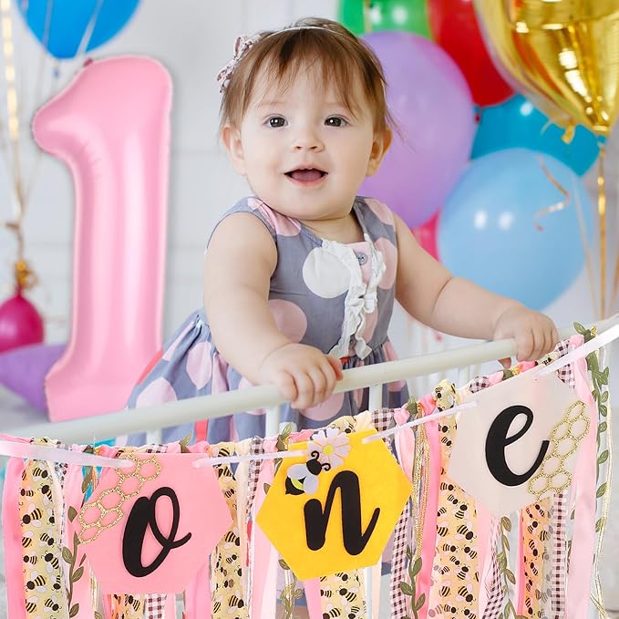 Bee Theme Highchair Banner for Baby First Birthday Party Decorations Pink Happy 1st Bee Day High Chair Tassel Garland for Girls Bumble Bee One Birthday Photo Props Backdrop Decor with Cake Topper