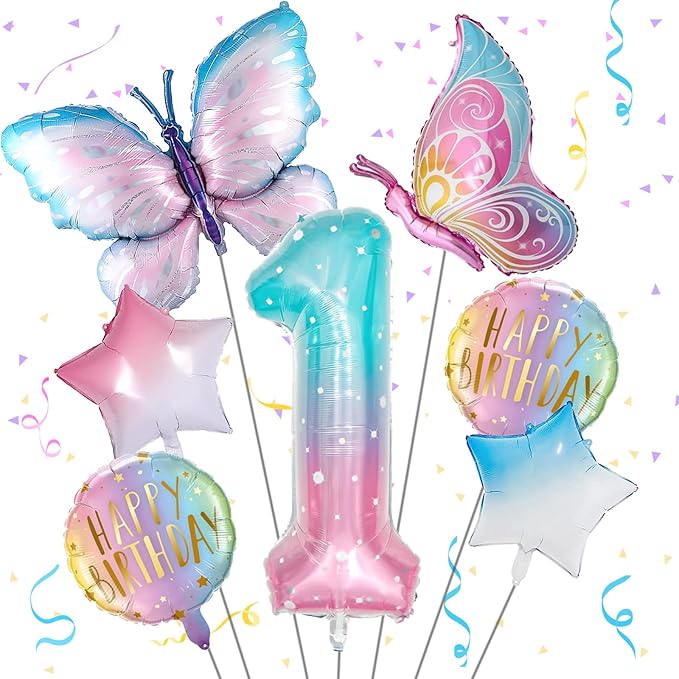 Butterfly Birthday Decorations, Butterfly Balloons, 1st Birthday Party Decorations for Girls, Fantasy Numbers 1 Foil Balloon for Princess Girl Aluminum Film Balloons Party Decor Supplies