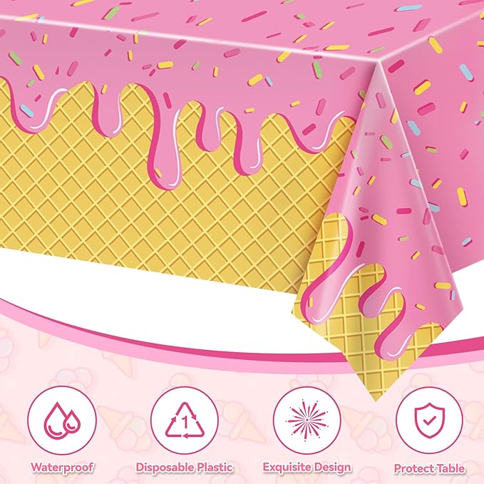 REDWORD Ice Cream Party Supplies, 2PCs Ice Cream Tablecloths Plastic Tablecloth Ideal Table Cover for Icecream Birthday Decoration Summer Themed Parties Girls’ Parties