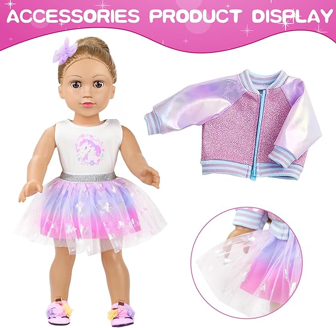 American 18 Inch Doll Makeup Accessories and Clothes Set Includes 18 Inch Doll Clothes and Shoes Bag Makeup Brush Set Foldable Haircomb Eyeshadow Lipstick Bow Hair Clip Sunglasses Hair Rope（No Dolls）