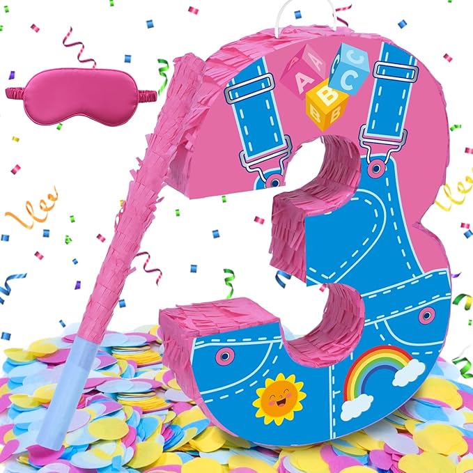 Pink Party Decorations,15.7‘’ Pink Number 3 Pinata with Stick Blindfold Confetti for Girls Boys 3rd Anniversary Party Decorations & Supplies (3rd)
