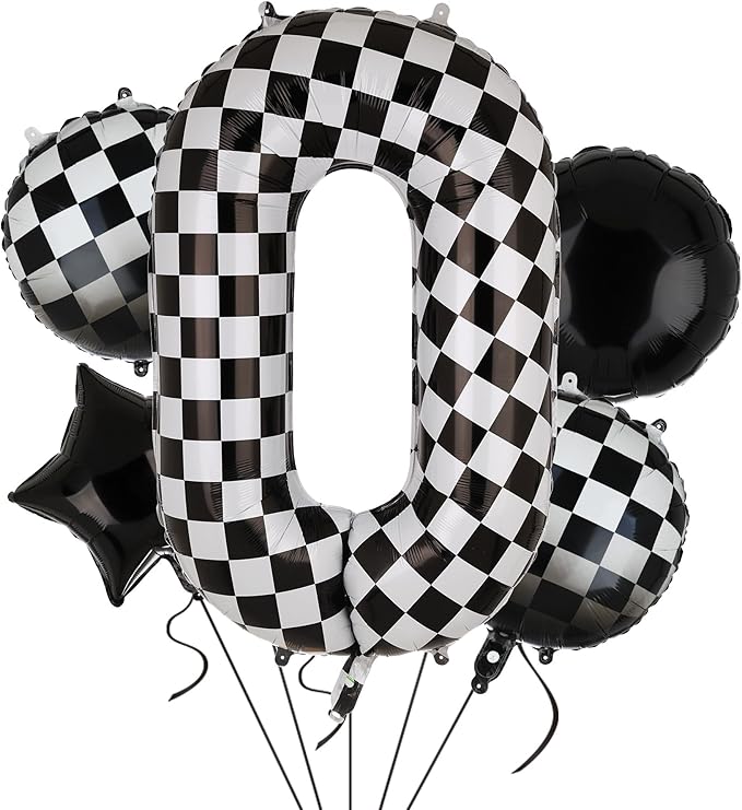 40 Inch Checkered Number Balloon 0 Black and White Race Car Birthday Balloons Baby Hippie Smile Party Shower Boys 10th Birthday Race Car Theme Party Decor Supplies 5 Pcs