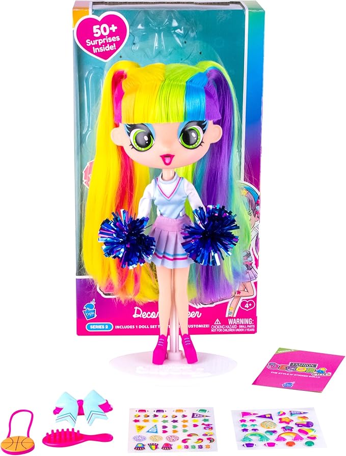 Decora Fashion Girlz Doll – Decora Cheerleader 11” Poseable Fashion Doll with Long Rainbow Hair, 50+ Surprises, Fabric Outfit, Removable Stickers, Accessories & Doll Stand, Collectible for Girls 4–9