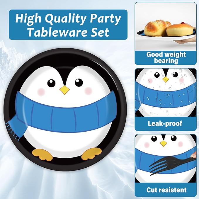 96 Pcs Penguin Birthday Party Supplies Paper Plates Napkins Winter Penguin Themed Party Winter Christmas Holiday Birthday Xmas Tableware Decorations Favors for Kids Serves 24