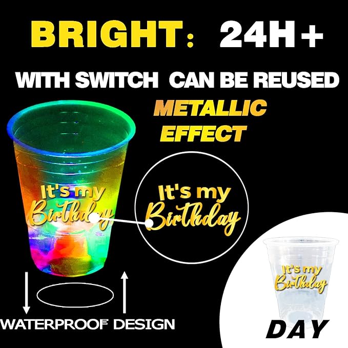 mishunyus 24 Pack Glow Birthday Squad Cups 16oz - Reusable Light Up Party Cups for Adult Birthdays 21st, 30th, 40th, 50th, 60th Theme Decorations Supplies, Night Club Party Favors