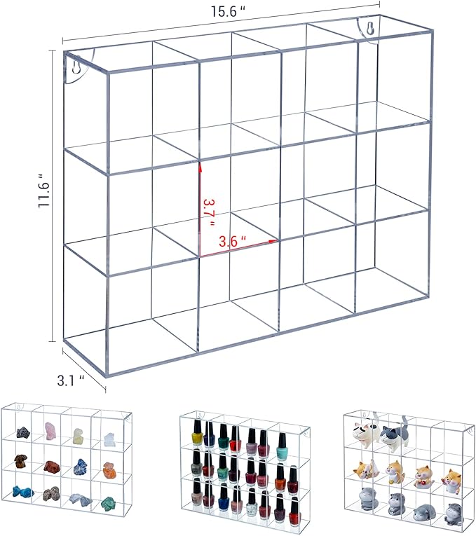 MyGift Acrylic Figure Display Case, Funko Pop Shelves 3 Tiers-12 Compartments, Collectibles, Crystals & Stones, Shadow Box Organizer Wall Mount or Desktop(15.5" W x 11.5" H)