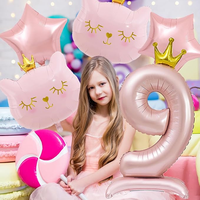 Pink Cat Balloon Set, Crown Cat Foil Balloon, 9 Year Old Girl Birthday Party Decoration, Cat Theme Party Decoration, Theme Party Supplies for Girls Kitten Pet Cat (9)