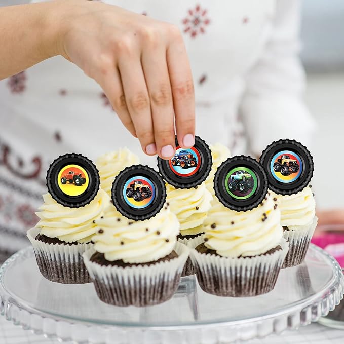 Chuangdi 48 Pieces Truck Cupcake Rings Monster Truck Cupcake Toppers Rings Colorful Car Monster Trucks Birthday Cake Decorations for Race Car Party Supplies 4 Styles
