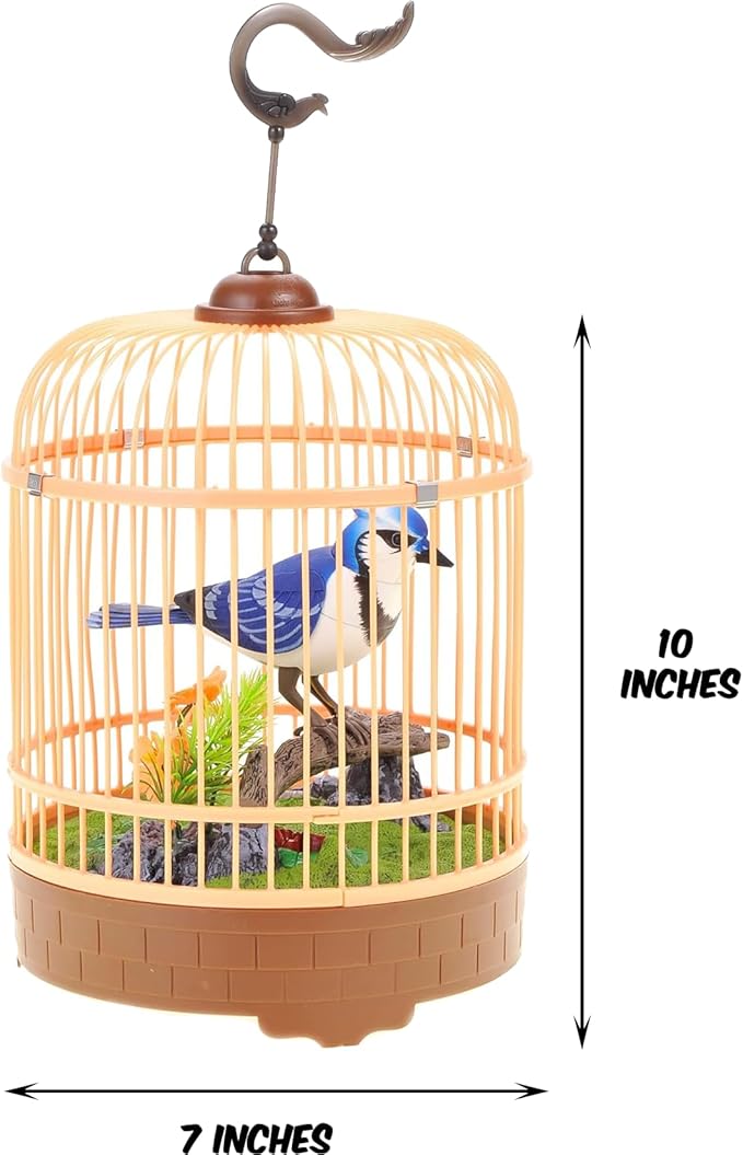 PowerTRC Singing & Chirping Bird in Cage, Realistic Sounds & Movements, Sound Activated, Battery Operated, Great Desk and Room Accessory, Pet Caged Bird Toy (10” x 7”)