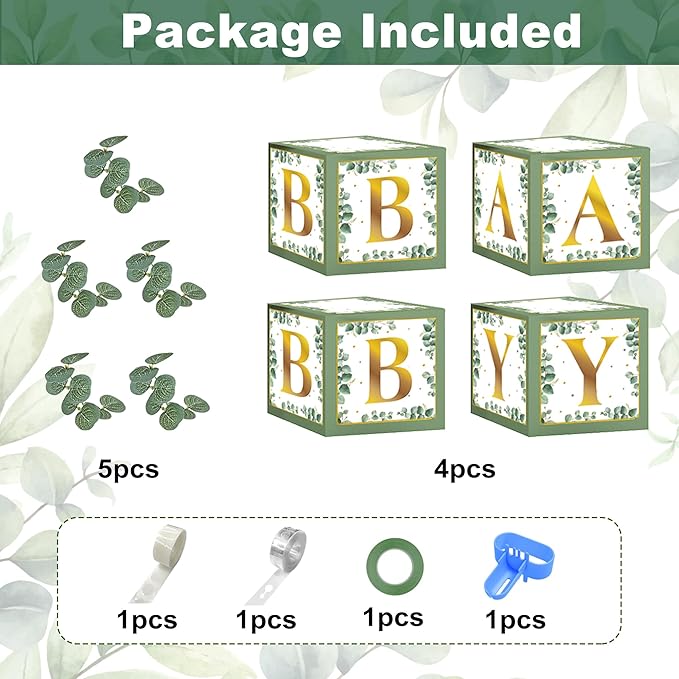 Amandir 145Pcs Baby Boxes Sage Green Baby Shower Decorations, Olive Green Balloon Garland Kit 4 Baby Blocks Gold Letter for Gender Neutral Boy Girl Safari Jungle Birthday Baptism Party Supplies