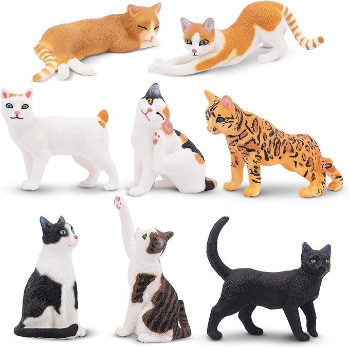 Toymany 8PCS Realistic Cat Figurines, Educational Cat Figures Toy Set, Kitten Cake Topper Easter Egg Birthday Gift for Kids Boys Girls Children