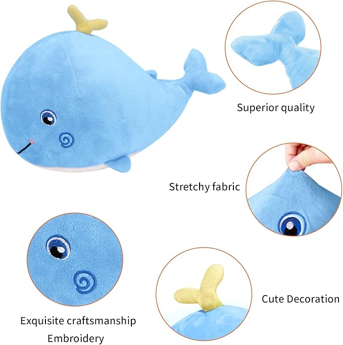 MUPI Squirting Whale Stuffed Animals Plush Pillow Cute Soft Cotton Plushies Pillows Kawaii Whale Toy Decor Gifts for Kids Boys Girls Adults (Blue, 10 Inch