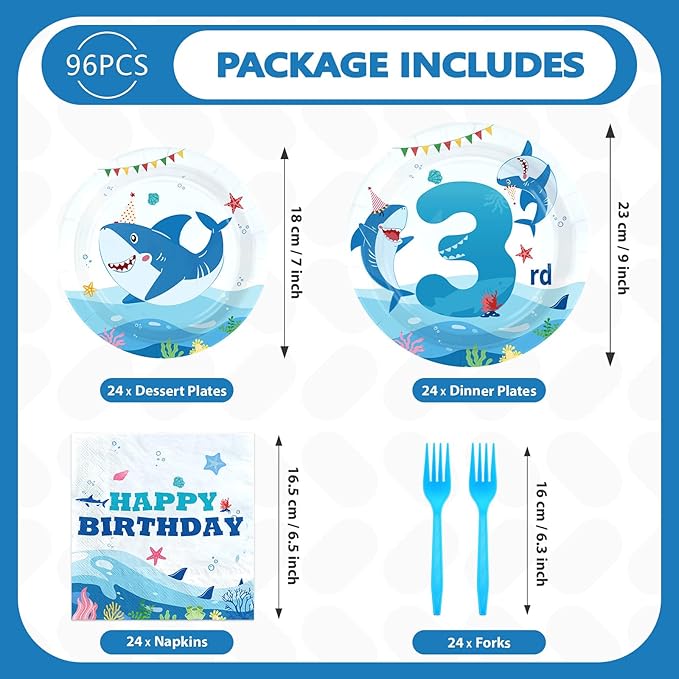 96Pcs Shark 3rd Birthday Party Supplies Blue Ocean Shark Plates and Napkins Under The Sea Tableware Set for Kids 3 Years Old Blue Ocean Theme Birthday Party Supplies，Serves 24