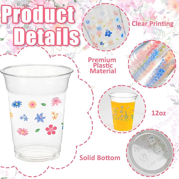 50pcs Wildflower Plastic Cups, 12 Oz Floral Clear Disposable Cups Bulk, Vintage Flower Plastic Drinking Cup for Spring Summer Party Favor Flower Birthday Wedding Party Supplies