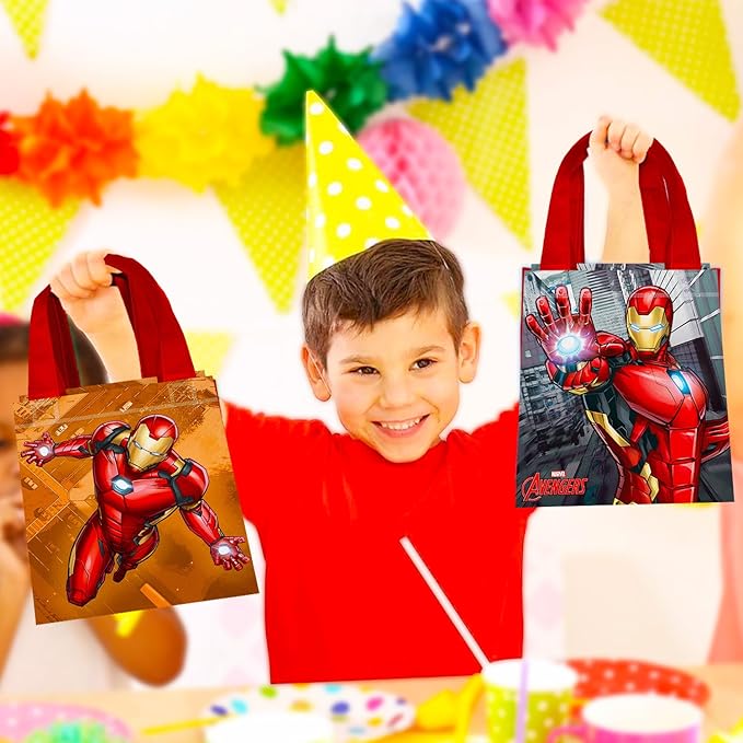 Iron Man Party Favor Bags Set – 12 Pack 8" Marvel Goodie Bags for Kids Bulk Reusable Mini Totes | Avengers Iron Man Birthday Party Supplies