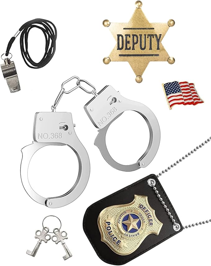 Police Badge Police Pretend Play Toy Set for Metal Handcuffs with Key American Flag Waving Lapel Pins Whistle Halloween NYPD Police Deputy Badge Dress Up Pretend Play Accessory