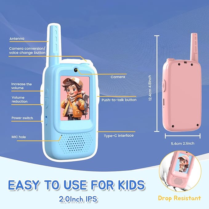 Video Walkie Talkies for Kids, 2 Pack HD Screen Walkie-Talkies for Ages 3–12 with 4 Voice Effects, Long Range, Indoor & Outdoor Toys for Camping, Hiking, Family Games, Great Birthday