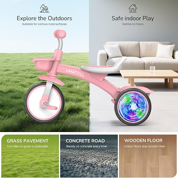 Umatoll Toddler Tricycle for 18 Month to 4 Year Old Girls,Toddler Bike Toys with Adjustable Seat&Light-Up Wheels,Birthday Gift for Age 2-3 (Pink)