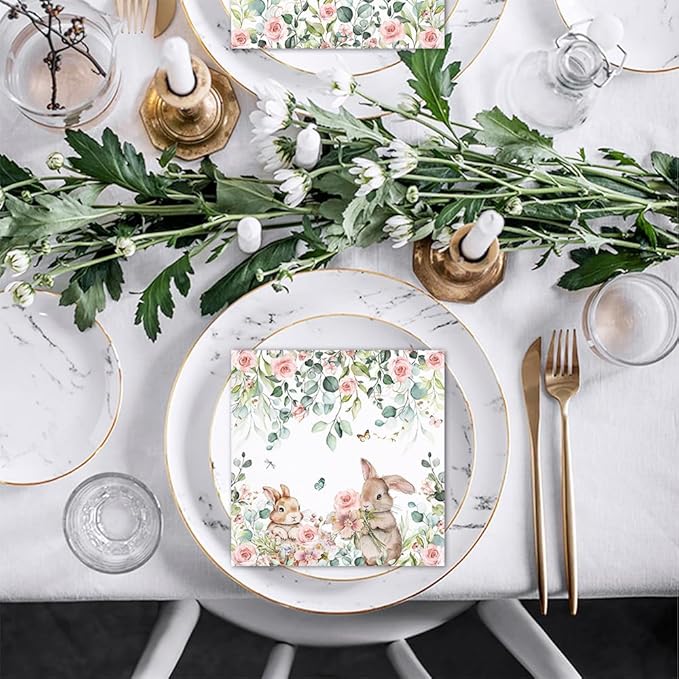 80Pcs Spring Easter Bunny Paper Napkins Cute Rabbits Disposable Napkin Bunny Printed Decorative Napkins Party Supplies Table Decor