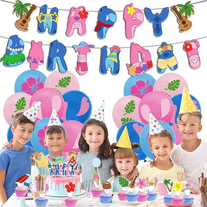Cartoon Party Decorations, Blue Luau Birthday Banners, Palm Leaves Balloons,Cake Toppers
