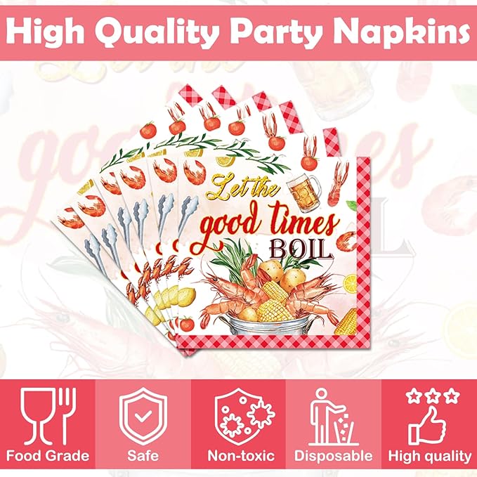 100Pcs Let The Good Times Boil Napkins Crawfish Boil Party Supplies Freedom Lobster Seafood Boil Birthday Theme Disposable Luncheon Dinner Table Decor Supplies Napkins 6.5" x 6.5"