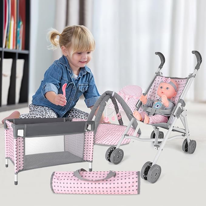 deAO Baby Doll Stroller Crib Bed Nursery Role Play Set Baby Doll with Accessories and Play Mat,Travel Cot,Bouncer,Foldable Stroller and Travel Bag Gifts for Toddlers Girls Boys