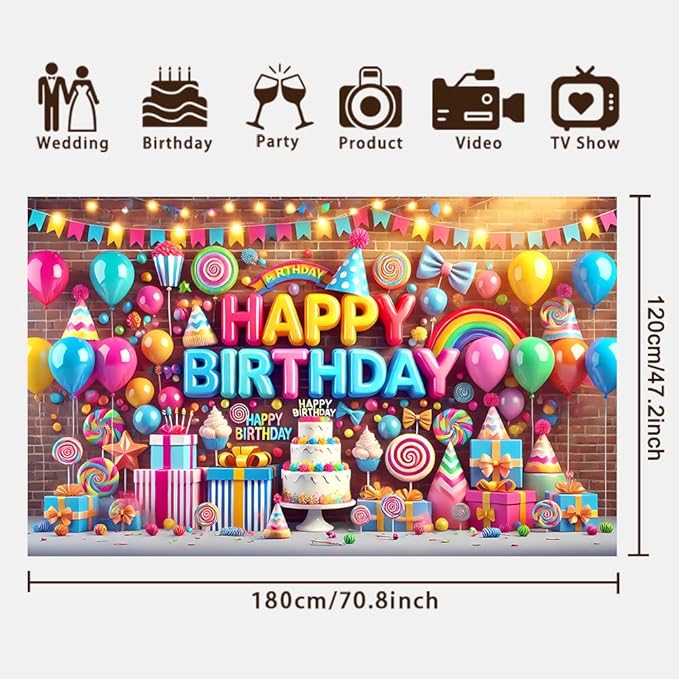 Colorful Birthday Party Backdrop Bright Happy Birthday Banner Vivid Photography Background for Kids Teens Party Supplies 70.8 x 47.2 Inch