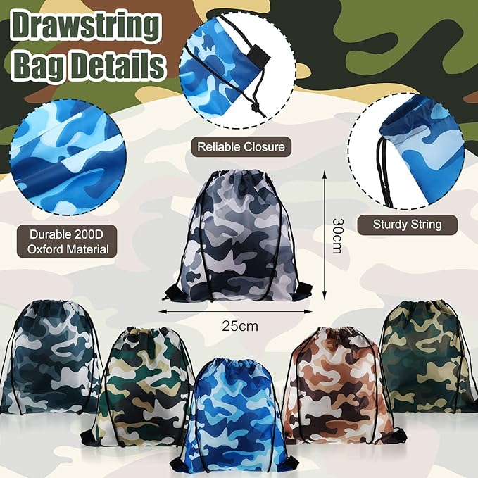 36 Pcs Tie Dye Party Favors Camouflage Drawstring Bag Bulk Camouflage Military Rubber Keychain Silicone Bracelet for Goodie Bag Stuffers Fillers Summer Camping Birthday Party Supplies(Classic Camo)