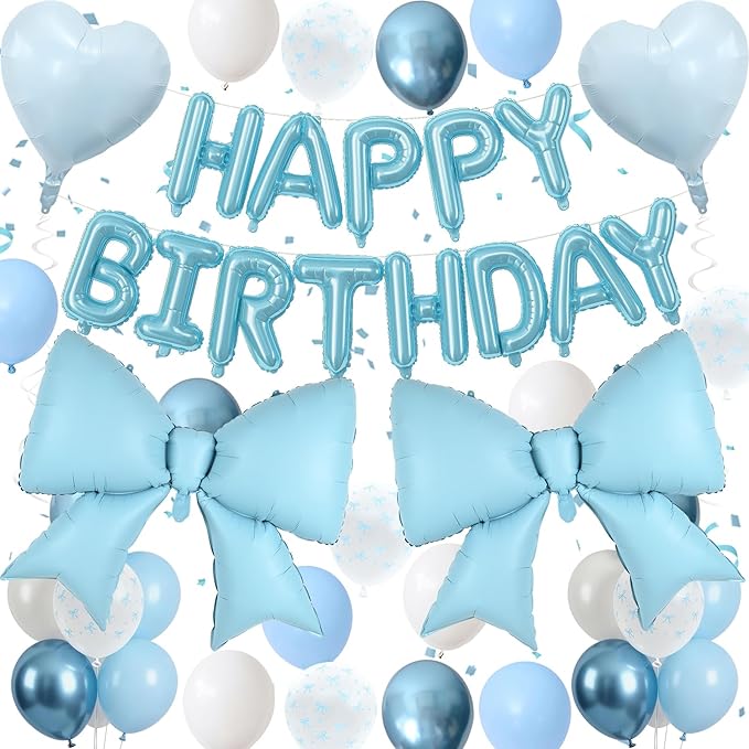 Blue Bow Birthday Decorations Pastel Baby Light Blue Metallic White Bows Print Party Balloon Happy Birthday Banner 38 In Coquette Foil Balloons Heart Balloon for Men Boys Bday Party Supplies