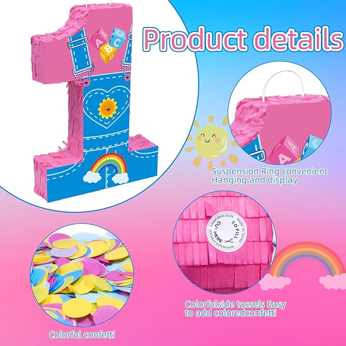 Pink Party Decorations,15.7‘’ Pink Number 1 Pinata with Stick Blindfold Confetti for Girls Boys 1st Anniversary Party Decorations & Supplies(1st)