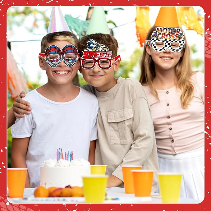 24 PCS Dirt Bike Party Paper Eyeglasses, Dirt Bike Party Favors Decorations Supplies, Motocross Birthday Party Decorations Gifts Photo Booth Props for Kids Boys Girls