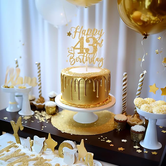 Happy 43rd Birthday Cake Topper, 43rd Birthday Decorations, Cheers to 43 Years, Hello 43, 43rd Happy Birthday Party Supplies Gold Glitter