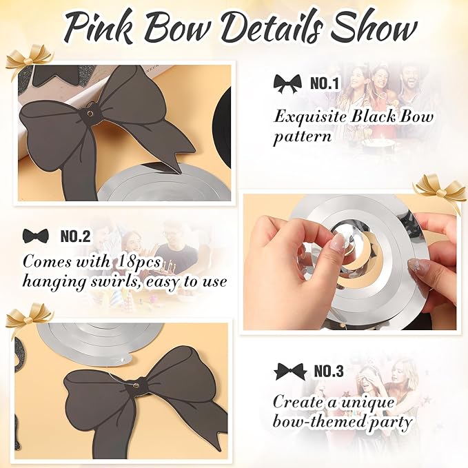28 Pcs Bow Birthday Decorations Coquette Bow Birthday Hanging Swirls Decorations for Bridal Shower Party Supplies Wedding Christmas Party(Black)