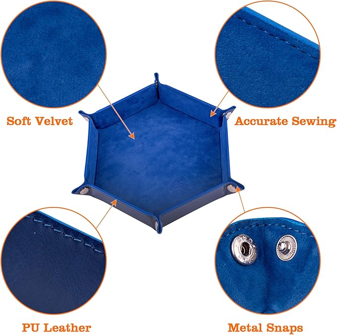 SIQUK 2-Piece Dice Tray - PU Leather Folding Hexagon Dice Holder for RPG, DND & Other Table Games (Royal Blue, Orange)