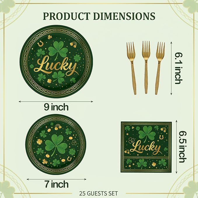 100 Pcs St. Patrick's Day Tableware Party Supplies, Serves 25, Disposable Green Clover and Lucky Design Paper Plates, Napkins, and Gold Forks, St. Paddy's Day Dinner, Irish or Spring Decorations