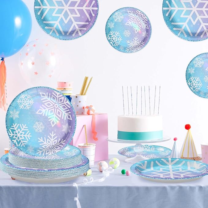 Grencian 96PCS Snowflake Party Decorations Blue Frozen Snowflake Plates and Napkins Disposable Winter Onderland Tableware Set for Winter Baby Shower Birthday Party Supplies, Serves 24