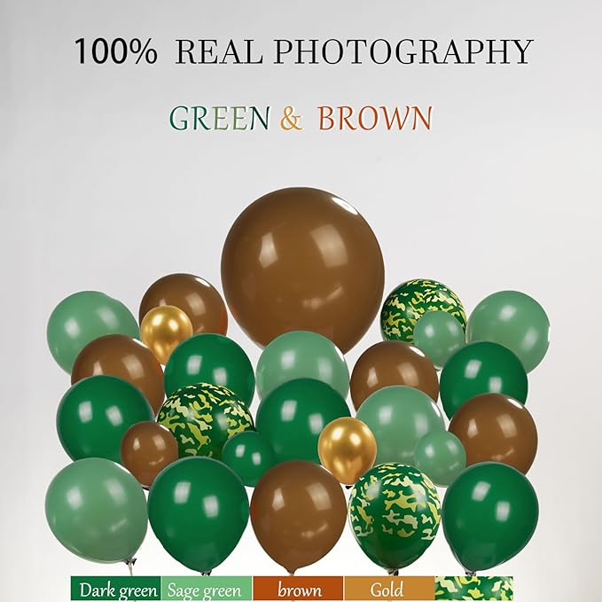 TWO-Rex Dinosaur Birthday Decorations include Hunter Green Brown Gold balloon arch & small Dino Foil balloons & backdrop & footprint stickers for Kids Boys Jungle Safari Dino 2rd Party Supplies