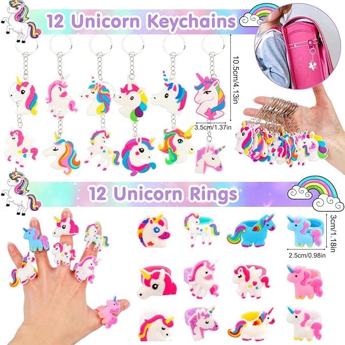 ANPHILE Unicorn Party Favors, 134 Pcs Unicorn Birthday Party Decorations Goodie Bags Keychains Slap Bracelets Stickers Rings Pinata Fillers for Birthday Party