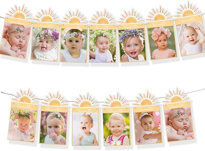 First Trip Around the Sun 12 Month Photo Banner Boho Sun 1st Birthday Decorations Party Supplies Sunshine First Birthday Decor for Baby Boys & Girls