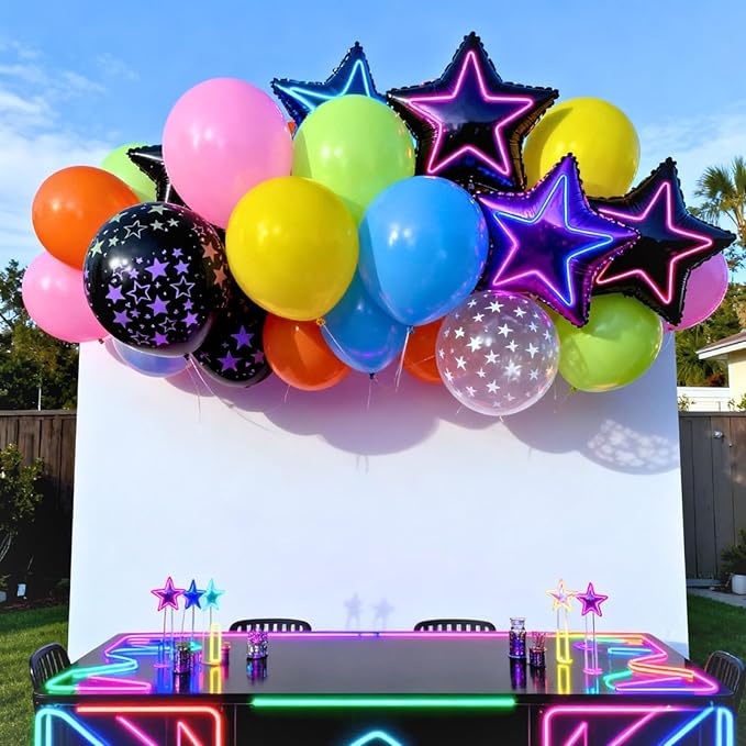 Neon Balloons, 50pcs 12 Inch Pink Orange Blue Yellow Lime Green Black Clear Star Print Rainbow Balloons Multicolor for Boy Girl Colorful Birthday Glow 80 90 Party Bright Baby Shower Summer Decorations