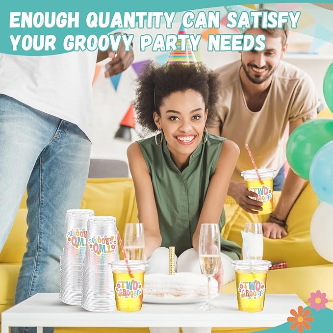 Yungyan 50 Sets Two Groovy Plastic Cups with Lids and Straws 16 oz Two Groovy Birthday Decorations Hippie Daisy Coffee Juice Drinking Cups for Flower Boho Birthday Baby Shower Party Supplies