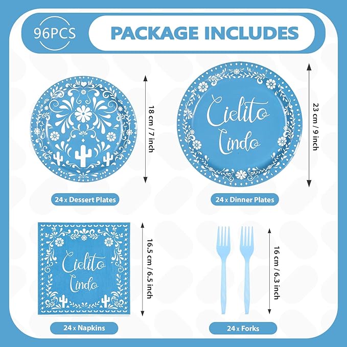 96Pcs Blue Cielito Lindo Party Decorations Mexican Fiesta Baby Shower Plates and Napkins Set Mexico Talavera Decorations for Boys Cinco De Mayo Mexican Gender Reveal Birthday Party Supplies Serves 24