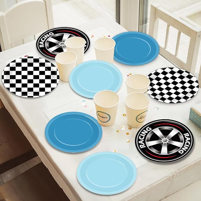CHUNNIN 48Pcs Race Car Birthday Party Paper Plates for Theme Party Supplies 7" Black White Fast Paper Plates Blue Racing Car Disposable Tableware for Kids Boys Birthday Baby Shower Decorations