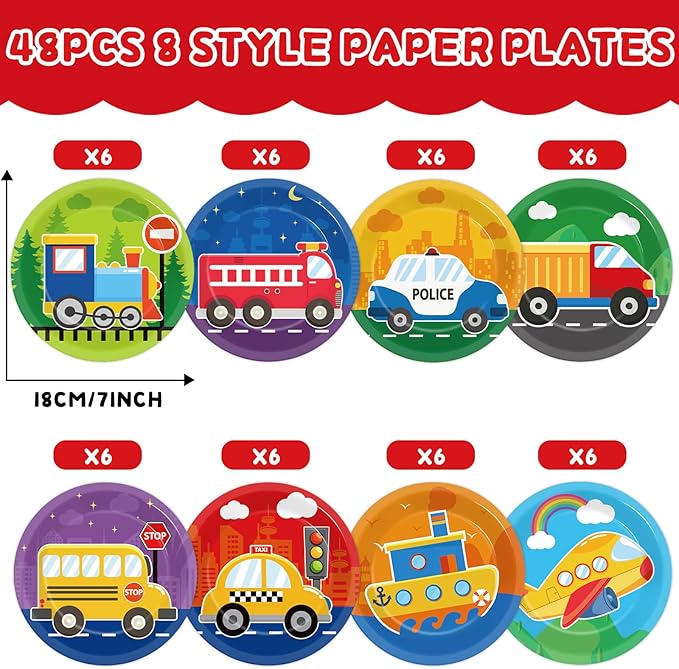 48PCS Transportation Paper Plates Car Birthday Decorations Construction Tableware 7 Inch Train Vehicle Fire Truck Airplane Traffic Dessert Dinnerware for Kids Baby Shower Party Supplies Favors
