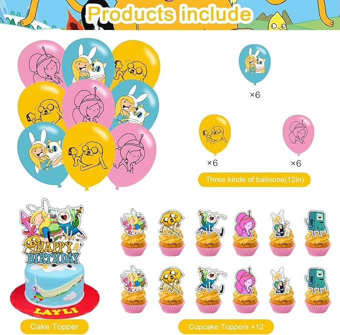 Time of Adventure Themed Birthday Party Supplies Set Happy Birthday Banner, Cake Topper, Cupcake Toppers, Balloons for Cartoon Adventure Kids Party Decorations