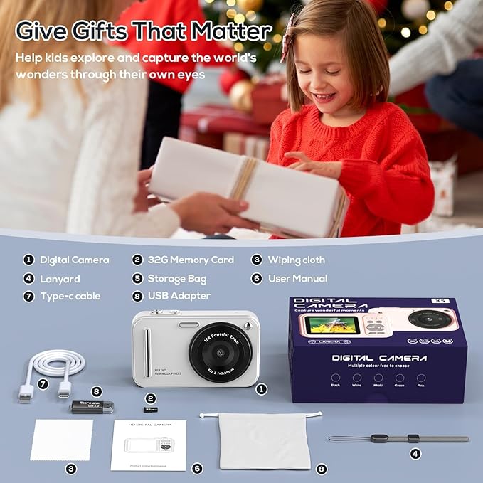 Digital Camera for Kids, 48MP FHD 1080P Point and Shoot Digital Cameras with 16X Zoom Anti-Shake, Compact Portable Cameras for Photography, for Boys Girls Teens Beginners